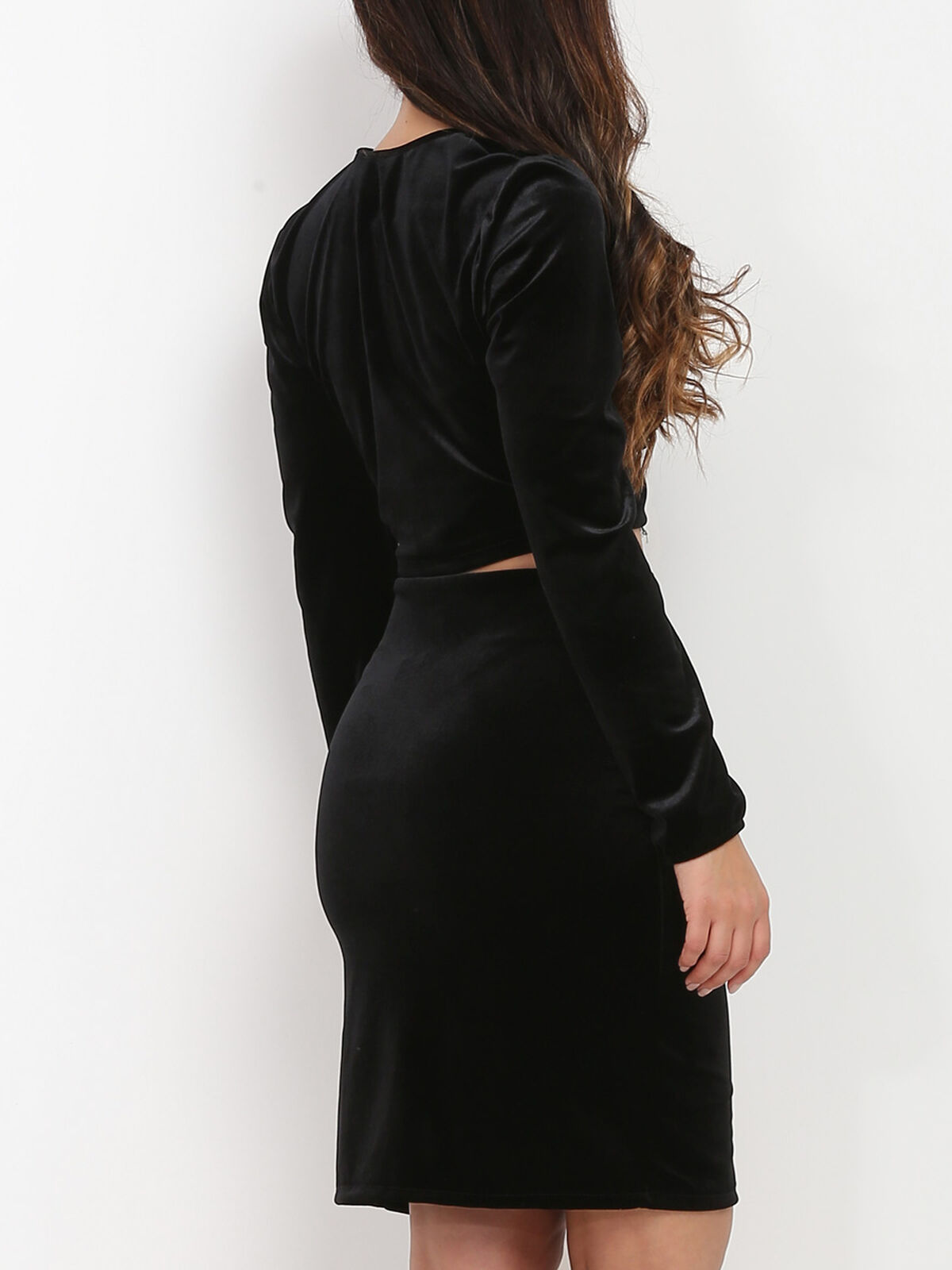 Ensemble jupe crop top en velours- Noir