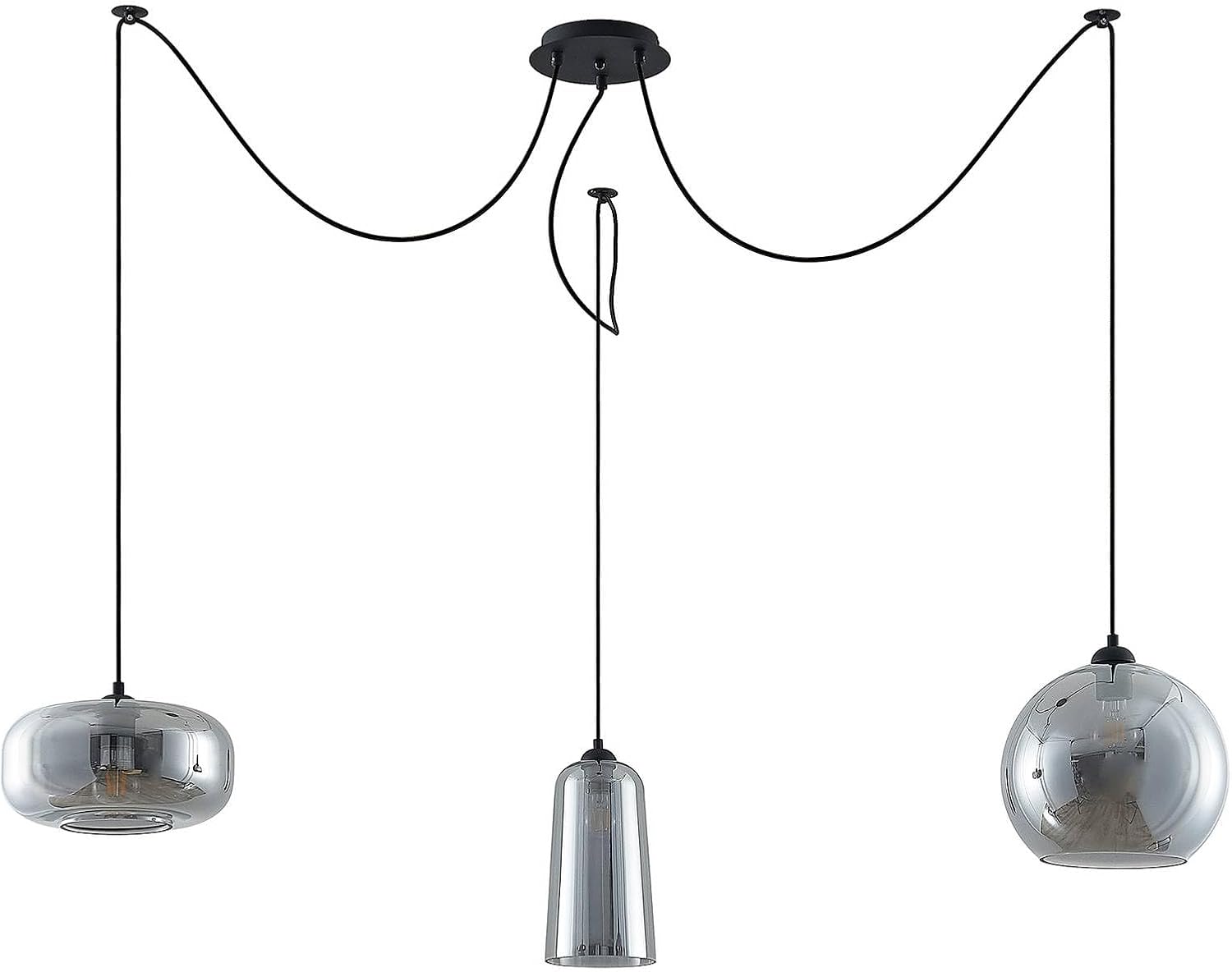 Lucande Pendelleuchte 'Zyli' (Retro, Vintage, Antik) in Alu aus Glas u.a. für Wohnzimmer & Esszimmer (3 flammig, E27) - Hängelampe, Esstischlampe, Hängeleuchte, Wohnzimmerlampe, Schwarz, Rauchgrau