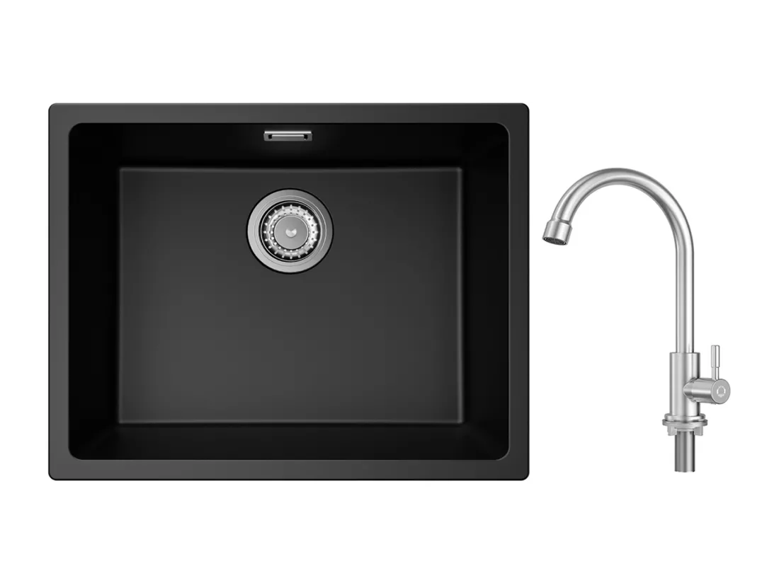 Evier 1 Bac en Quartz et Résine, 3 Options de Montage, 55*44*20cm + Robinet de Cuisine à eau Froide,Brossé