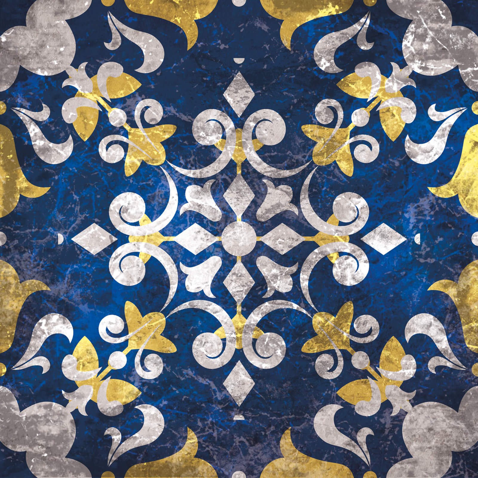 Leinwandbild PORTUGIESISCHES FLIESENMUSTER - blau-gelb - 50x50 cm