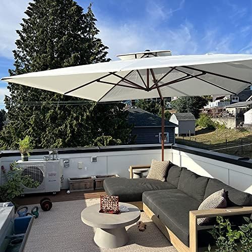 PURPLE LEAF Alu Holzoptik Ampelschirm Rechteckig 300 x 400 cm Rechteckig Sonnenschirm Groß 360° Drehbar Doppeldach Gartenschirm mit Kurbel Doppeldach, Cream