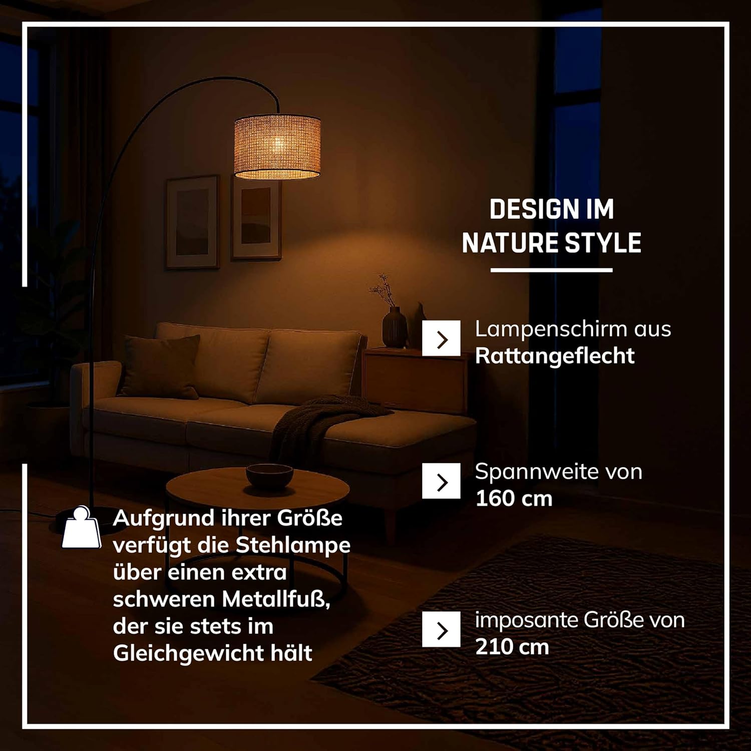 Lightbox Bogenstehlampe im Nature Stil | Boho Standleuchte mit Rattan Schirm & Teleskoparm & schwenkbarem Kopf | ideal für Wohnzimmer | 2 m Höhe | E27 Fassung | aus Metall/Rattan in Hellbraun/Schwarz
