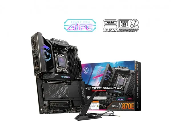 MSI MPG X870E CARBON WIFI - Bundkort - ATX - Socket AM5 - AMD X870E Chipset - USB 3.2 Gen 2, USB4, USB-C 3.2 Gen 2x2 - 2.5 Gigabit LAN, 5 Gigabit Ethernet, Wi-Fi 7 - onboard grafik (CPU påkrævet) - HD Audio (8-kanaler)