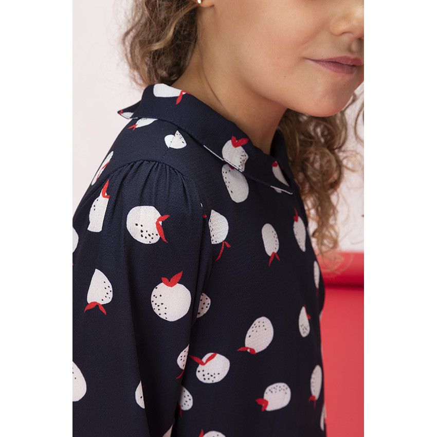 Robe courte manches longues imprimé pommes pour fille - Bleu marine