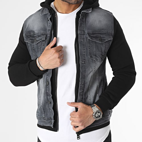Veste Jean Capuche Gris Noir