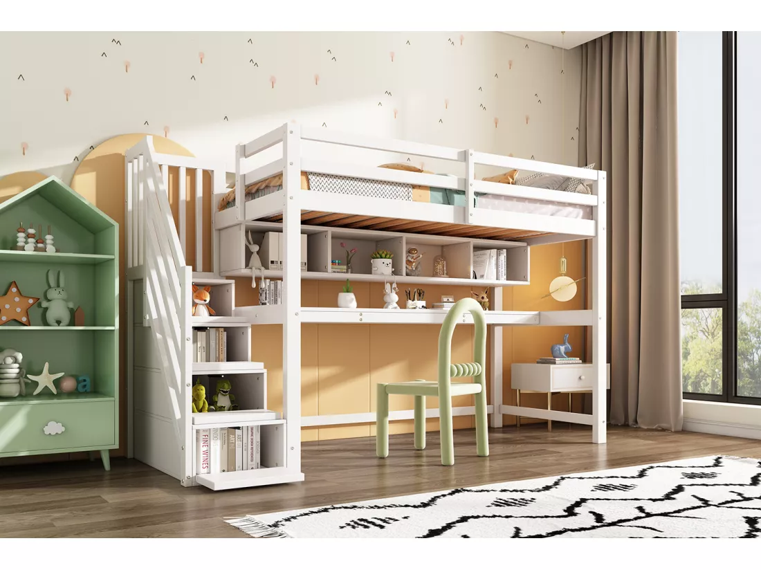 Lit mezzanine en bois - 90x200cm - avec escalier de rangement + bureau + sommier à lattes - Blanc
