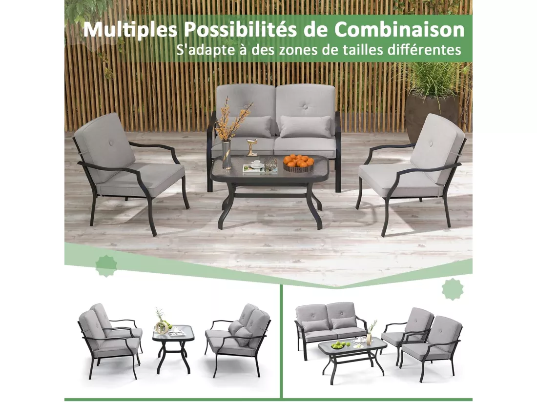 Salon de Jardin 4 Pièces avec Table Basse en Verre Trempé et Coussins Charge 300KG, Ensemble de Canapés de Terrasse avec Cadre Métallique 4 Places, pour Patio Balcon Terrasse