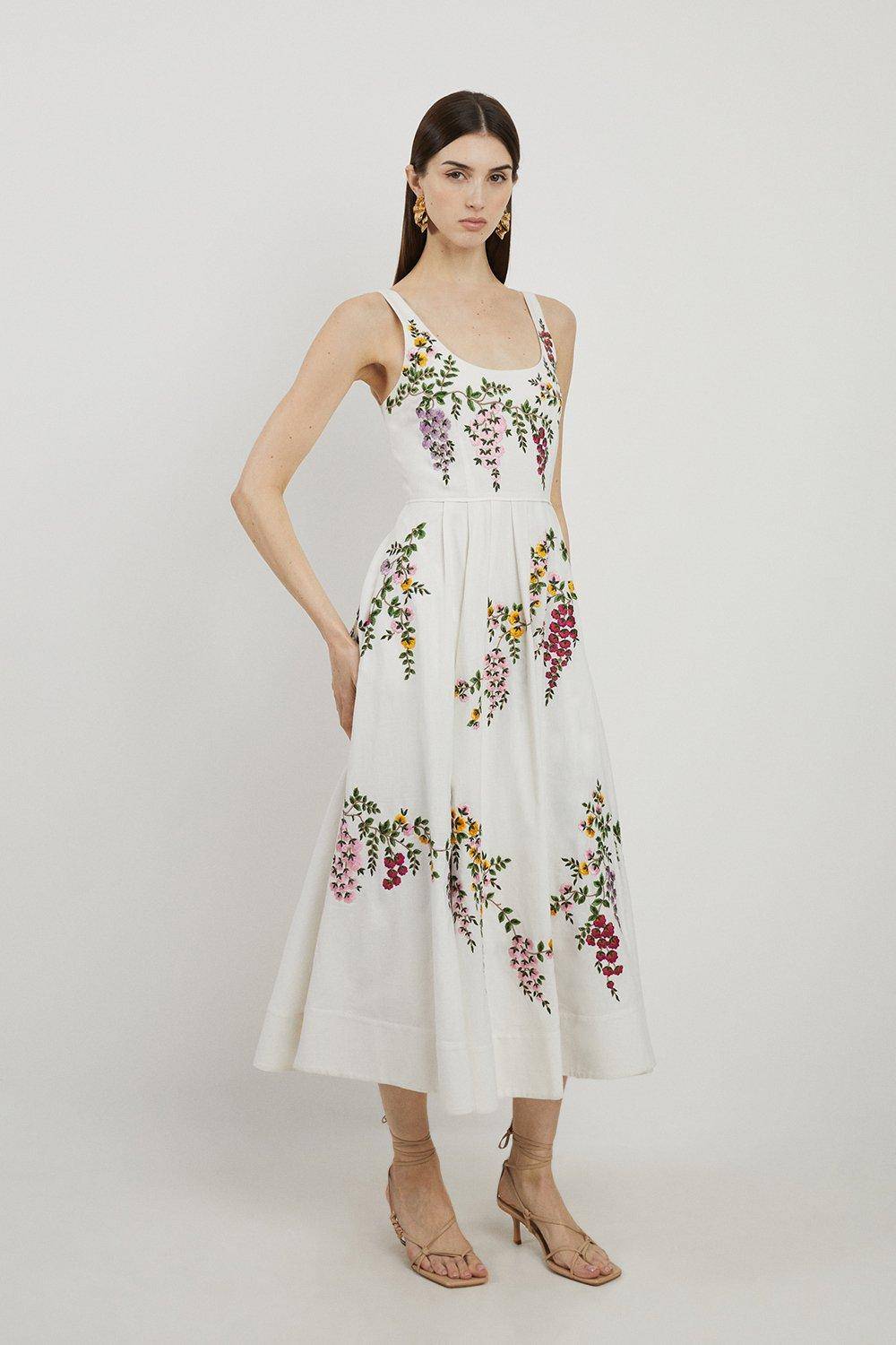 KarenMillen Robe de bal en coton et lin tissé à la broderie florale