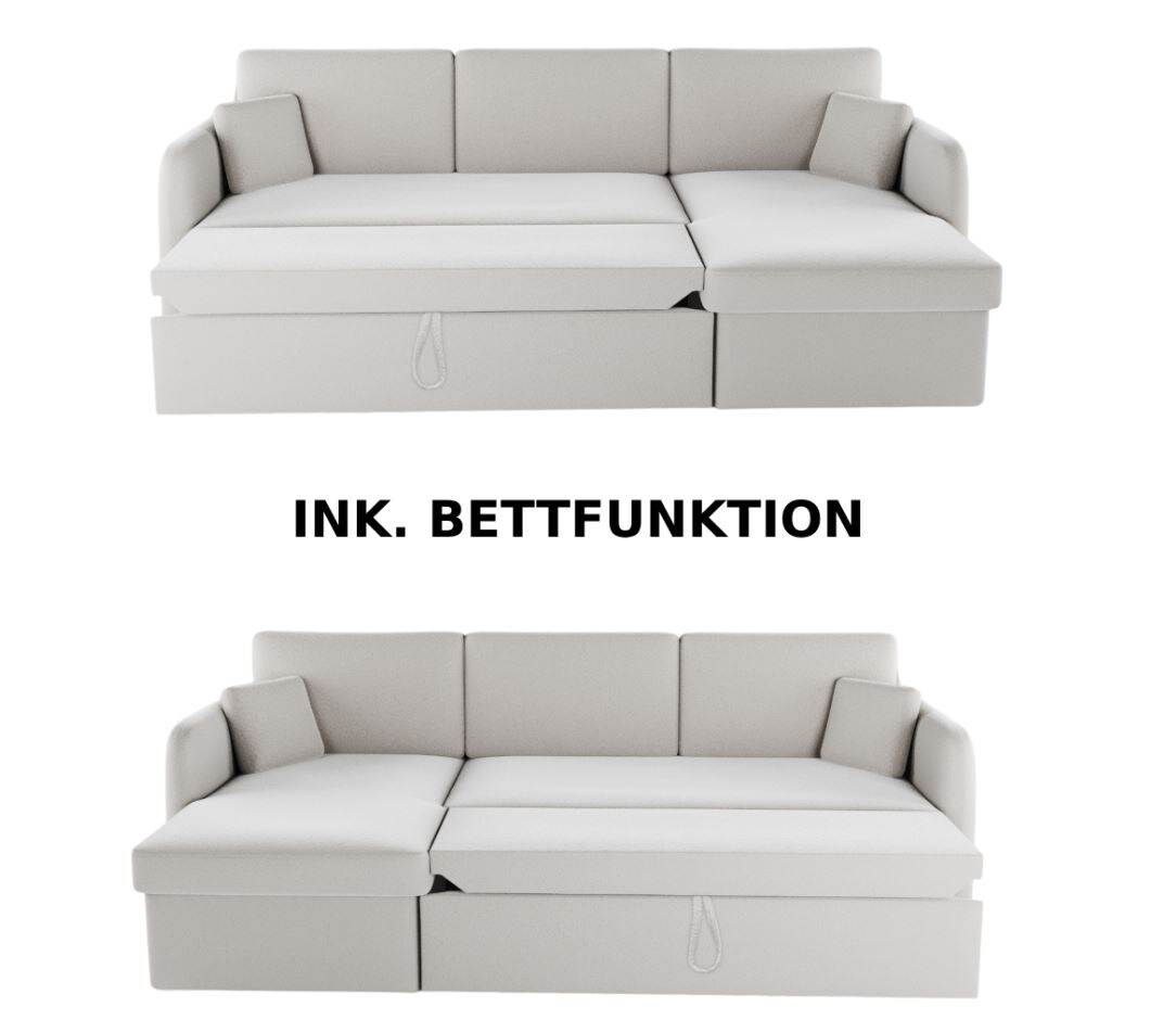 M-Punkt Ecksofa NICE Abriamo Boucle Ecru Hell mit Bettfunktion und Bettkasten Bett Sofa Schlafsofa Ottomane Universell Rechts oder Links