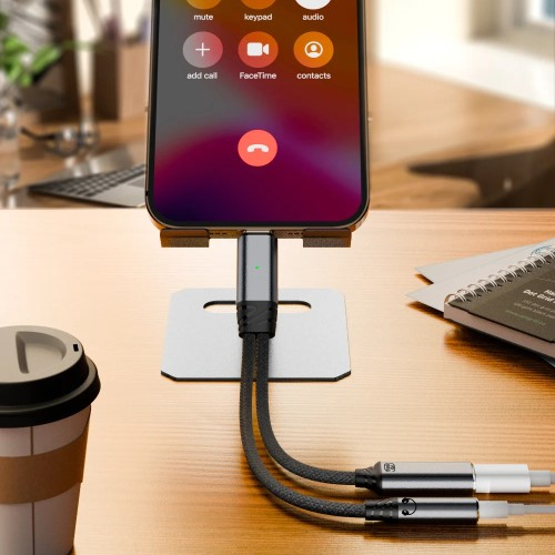 (10cm) 2 in 1 USB C auf 3.5mm Klinke / USB-C DAC Nylon Adapter Kabel mit Kopfhörer und Ladeanschluss PD (100W) - Schwarz / Grau