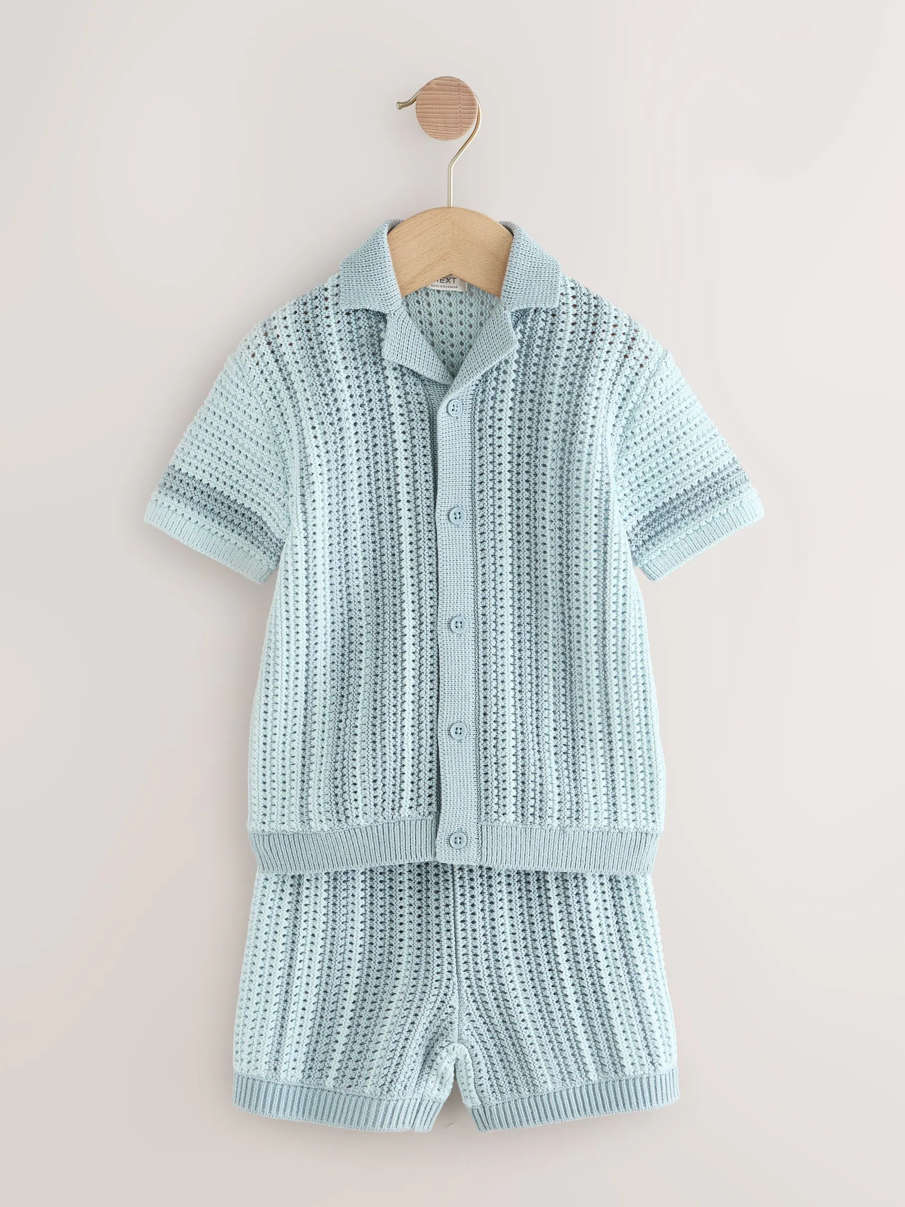 Blauw - Gehaakte gebreide set van overhemd met korte mouwen en shorts (3mnd -10jr)