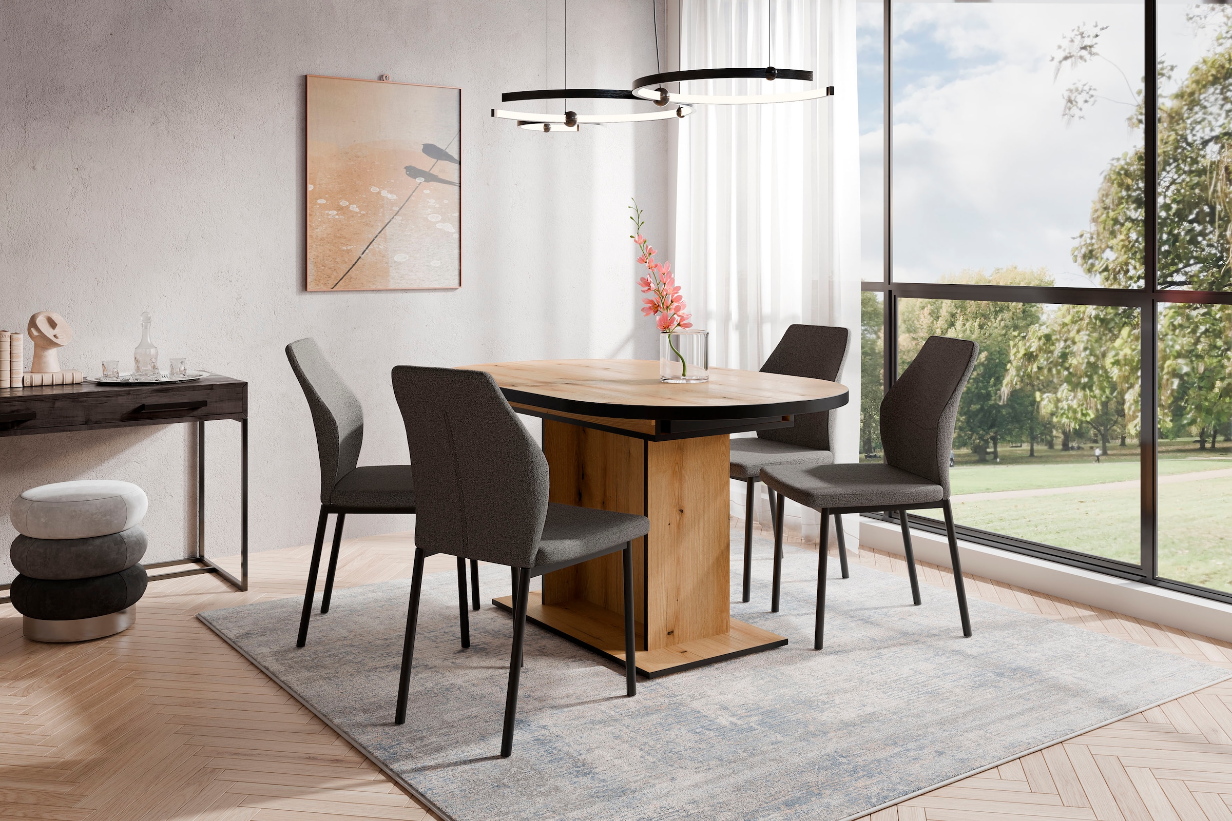 GOODproduct Essgruppe »Basel, Tischgruppe mit 4 Stühlen, Esstisch ausziehbar 140 - 180 cm« Set, Otto's DAUERTIEFPREIS, 5 Stk. tlg. BESTSELLER, Sitzgruppe, Tisch, Stühle, ovale Tischplatte, Säulentisch