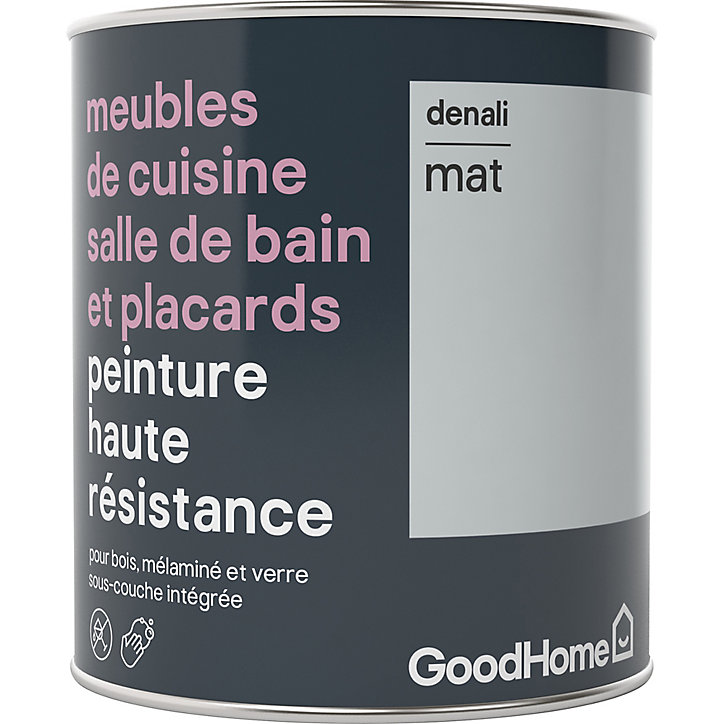 Peinture haute résistance meubles de cuisine salle de bain et placards GoodHome gris Denali mat 0,75L