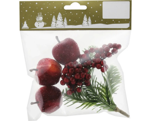 Kerstdecoratie appels met bessen, rood, 3 stuks