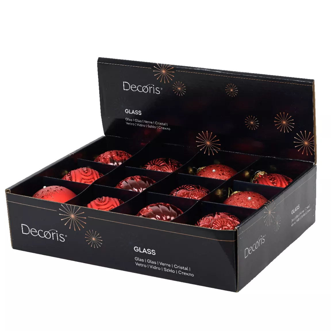 Lot de 12 boules de Noël en verre (D80 mm) Gatsby Rouge pailleté