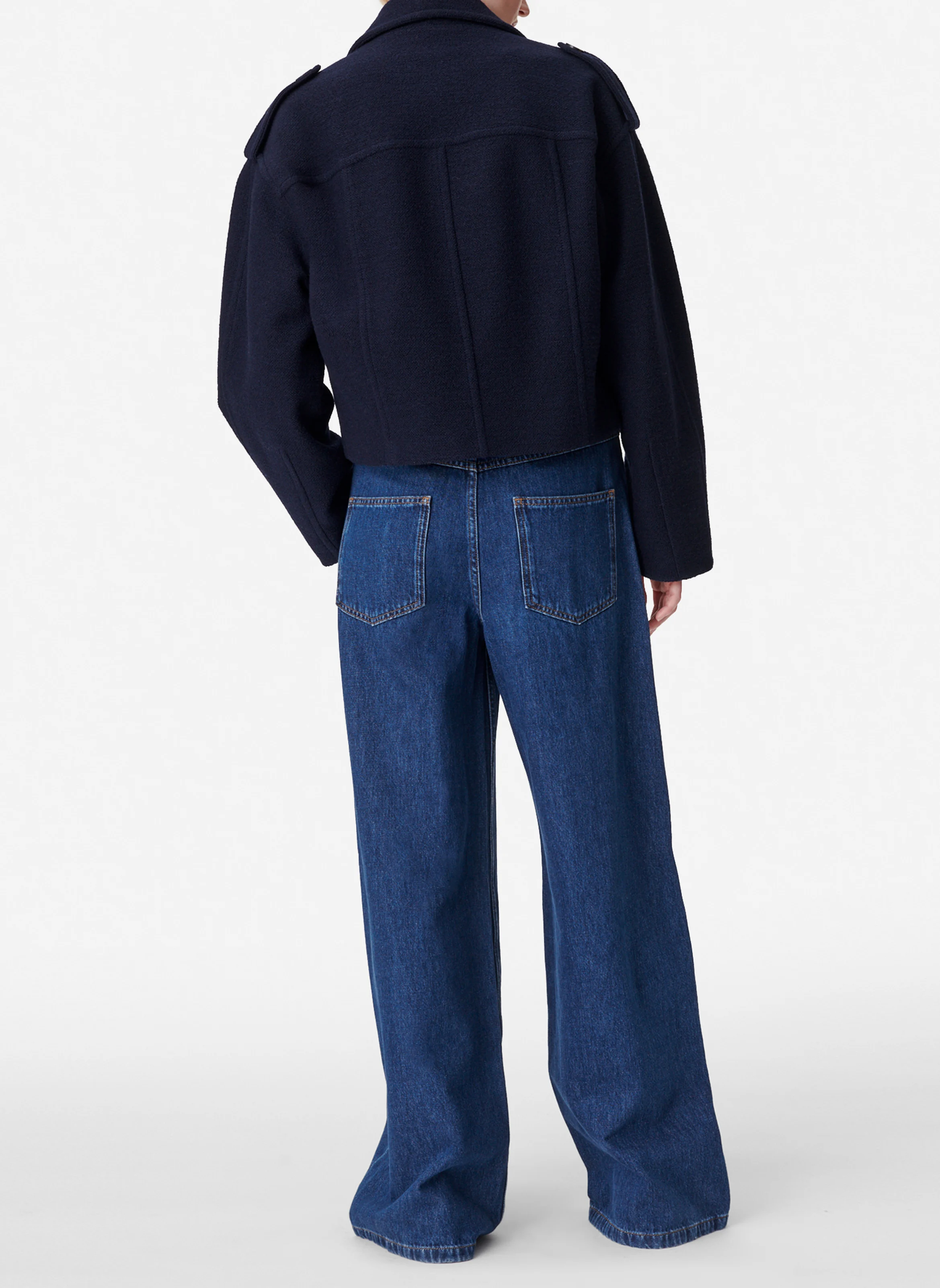 BERAN - Caban court col tailleur en laine et coton| Bleu