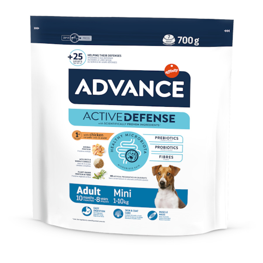 Ração Advance Active Defense Mini Adult para cães, sabor frango e arroz.