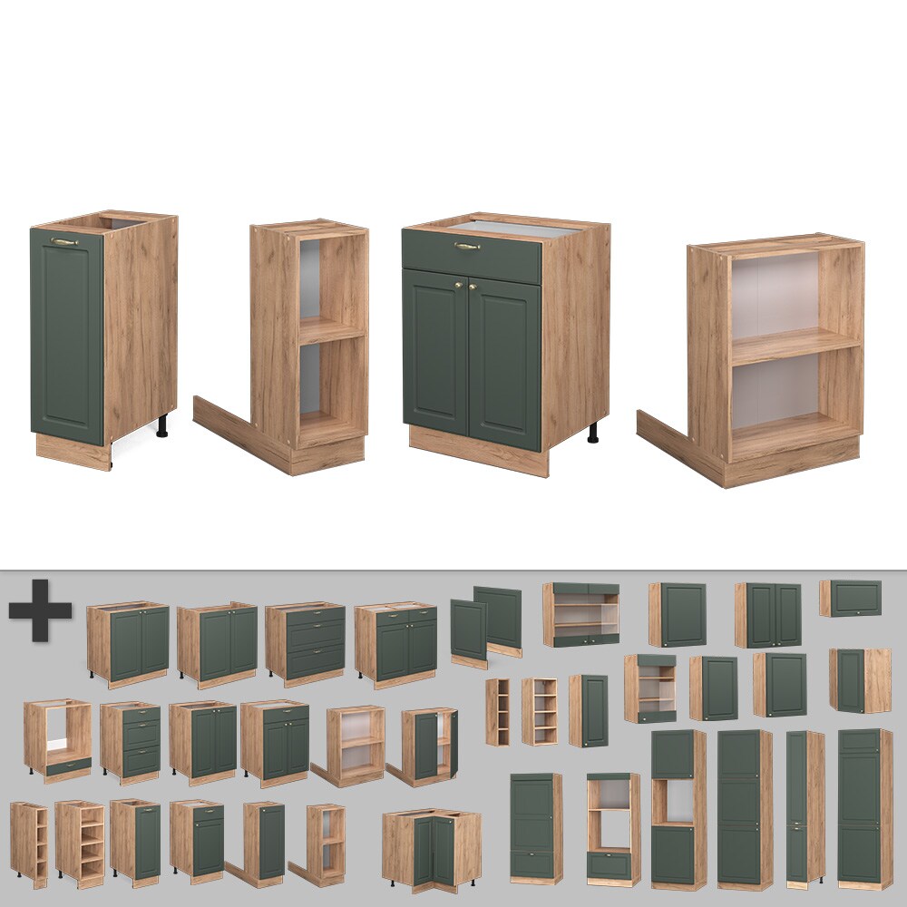 Vicco Kücheninsel Küchenblock Einbauküche Fame-Line Landhaus Eiche Grün 90 cm Gold Küchen Schränke Apothekerunterschrank Schubunterschrank Regalinselunterschrank Softclose-Scharnier Küchenmöbel