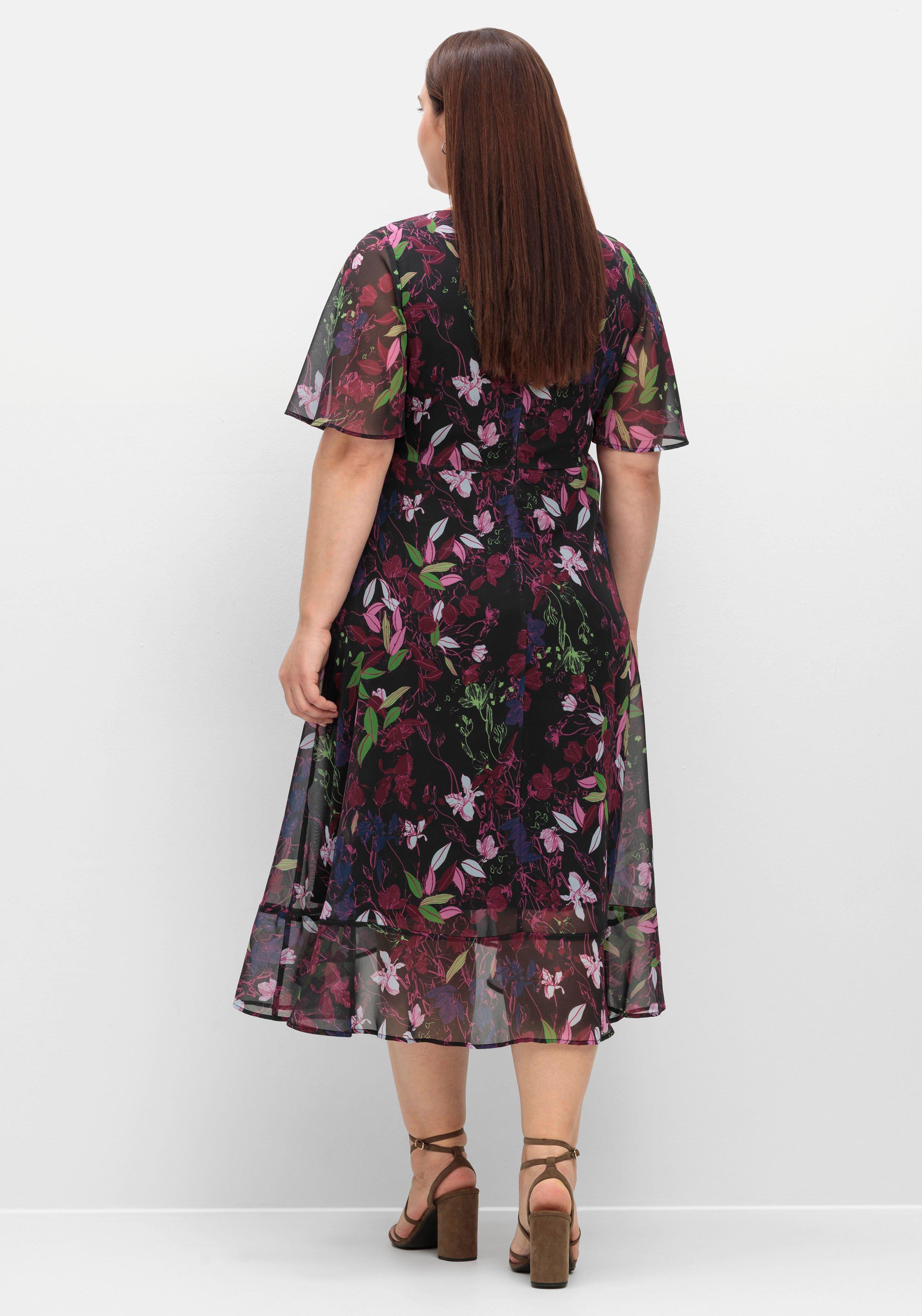 Chiffonkleid mit Blumendruck und Volant am Saum