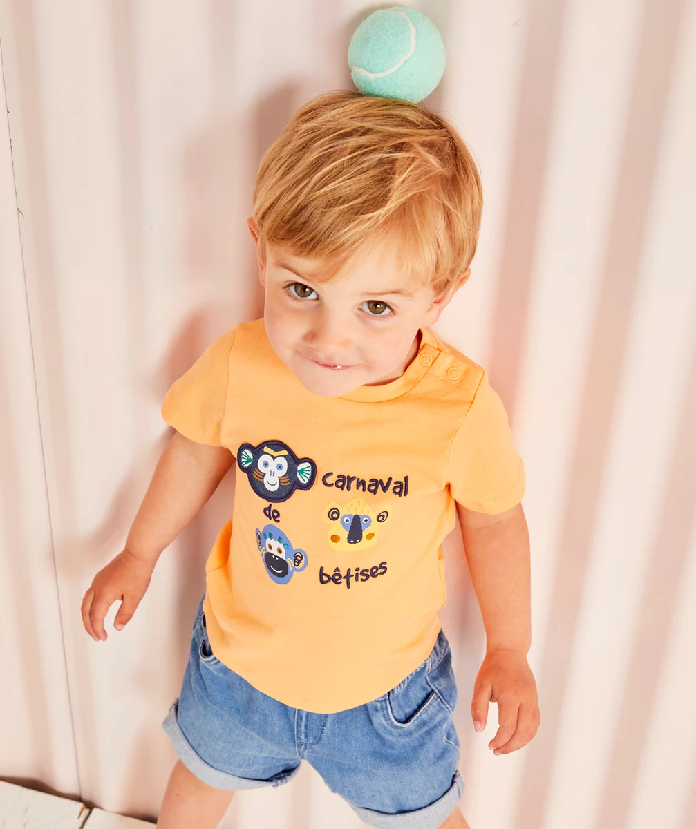 T-SHIRT BÉBÉ GARÇON ORANGE EN COTON ANTI UV BIO IMPRIMÉ SINGE