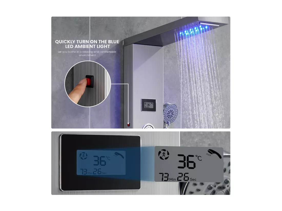 AuraLum Max Panneau Douche Colonne Douche Hydromassante LED Panneau de Douche en Acier Inox Brossé avec 3 Jets de Massage pour Salle bain,EU Modèle