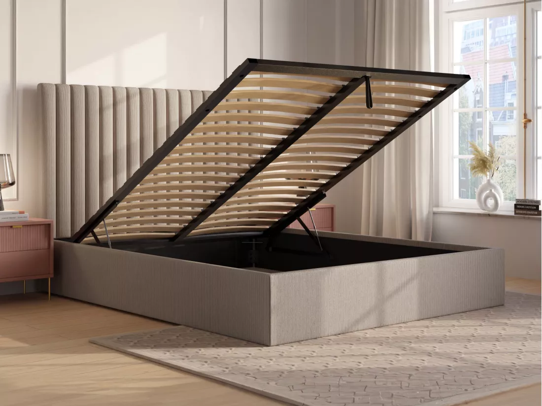 Lit coffre 140 x 190 cm avec tête de lit coutures verticales - Velours côtelé - Beige + Matelas - SARAH