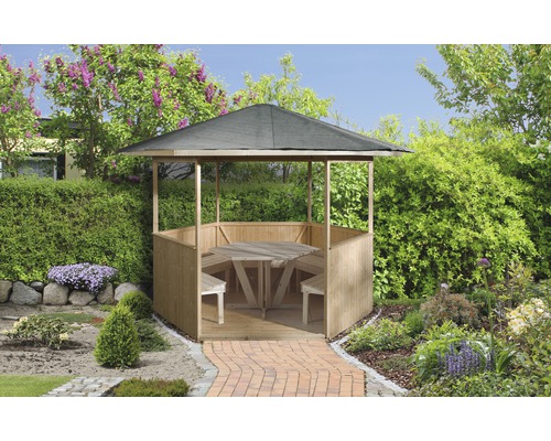 Weka paviljoen met vloer, tafel en zitplaatsen, 223 x 257 cm, naturel
