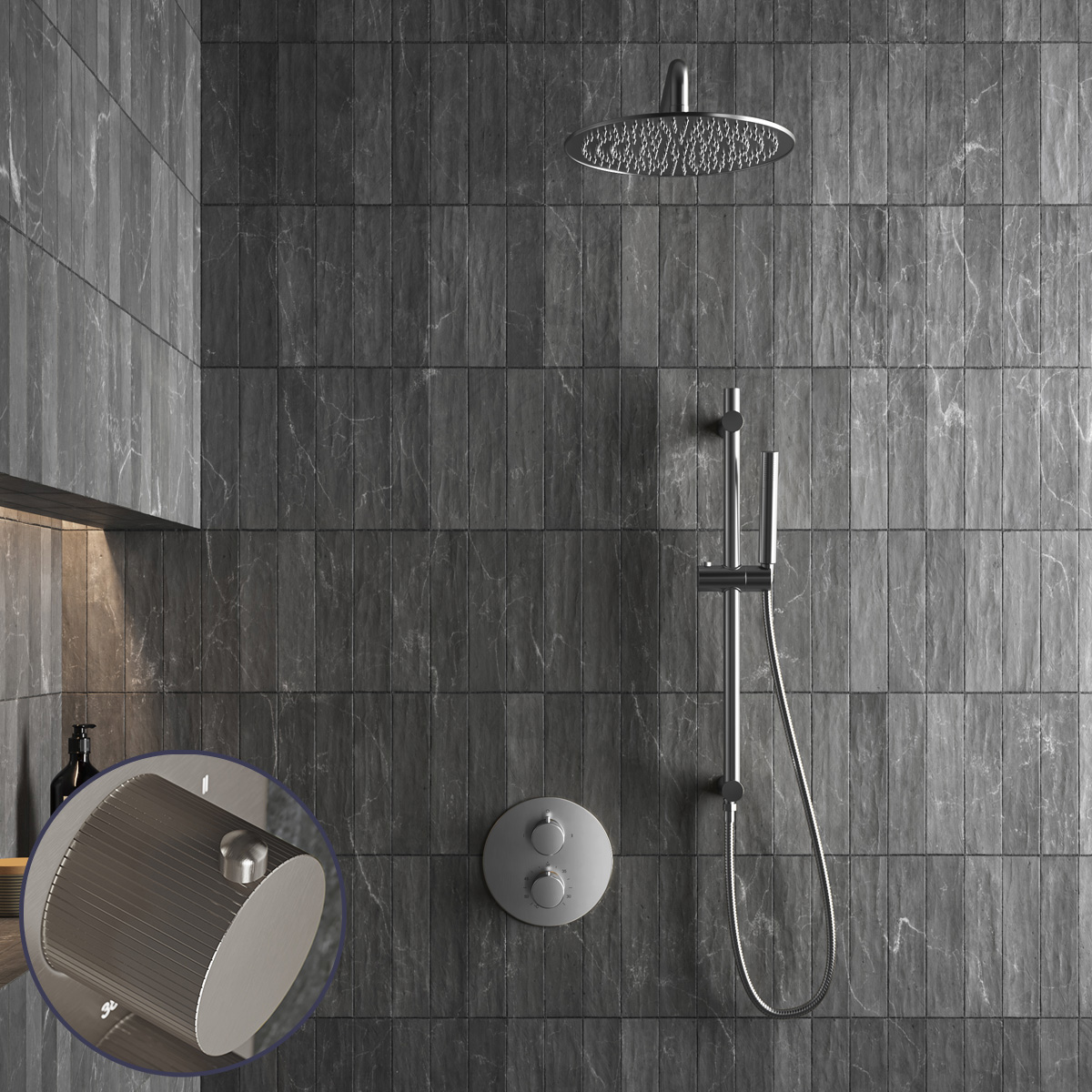 Saniclear Exclusive Stripes inbouw regendouche rond met 30cm hoofddouche, muurarm en glijstang RVS