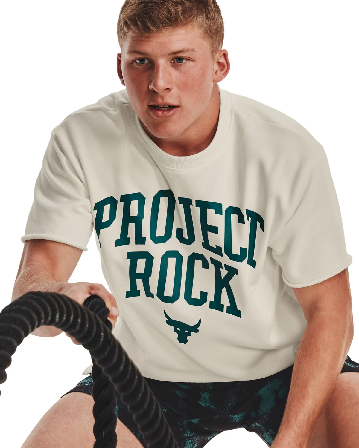 Under Armour Project Rock Heavyweight Terry T-Shirt Ivory \/ Coastal Teal