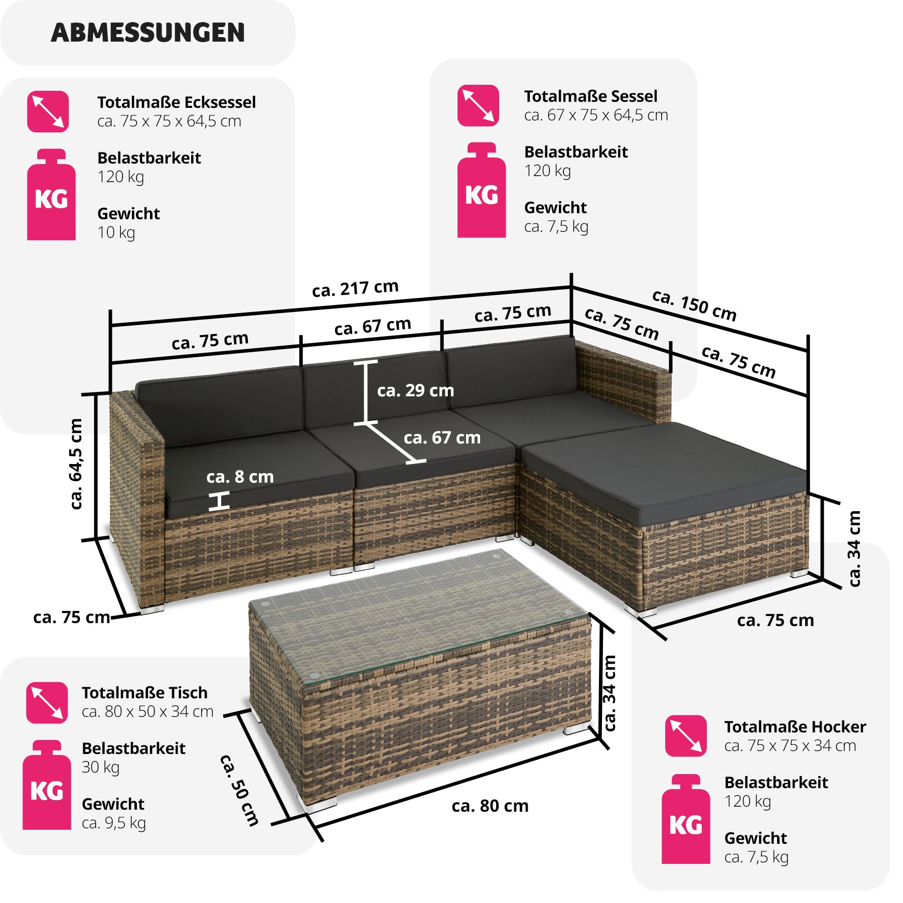 tectake® Rattan Lounge, für 3 bis 4 Personen, UV-beständig, mit Sicherheitsglasplatte