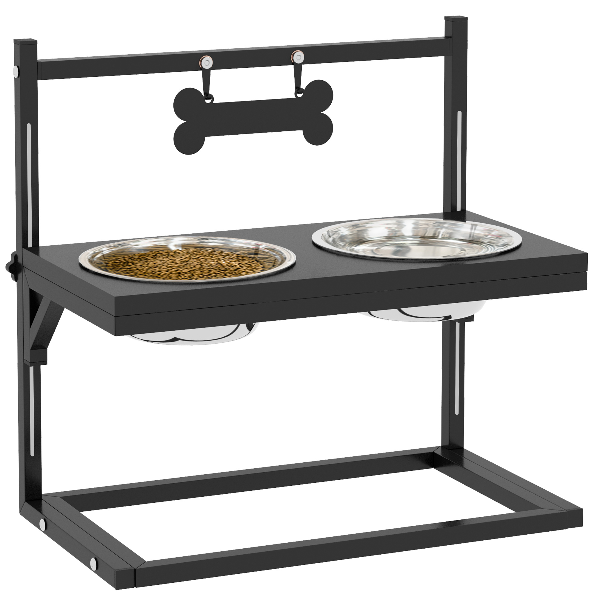 Comedouro elevado para cães PawHut, com 2 tigelas de aço inoxidável, altura ajustável e 1 prato de metal em formato de osso, 40,5 x 22 x 39 cm, preto.