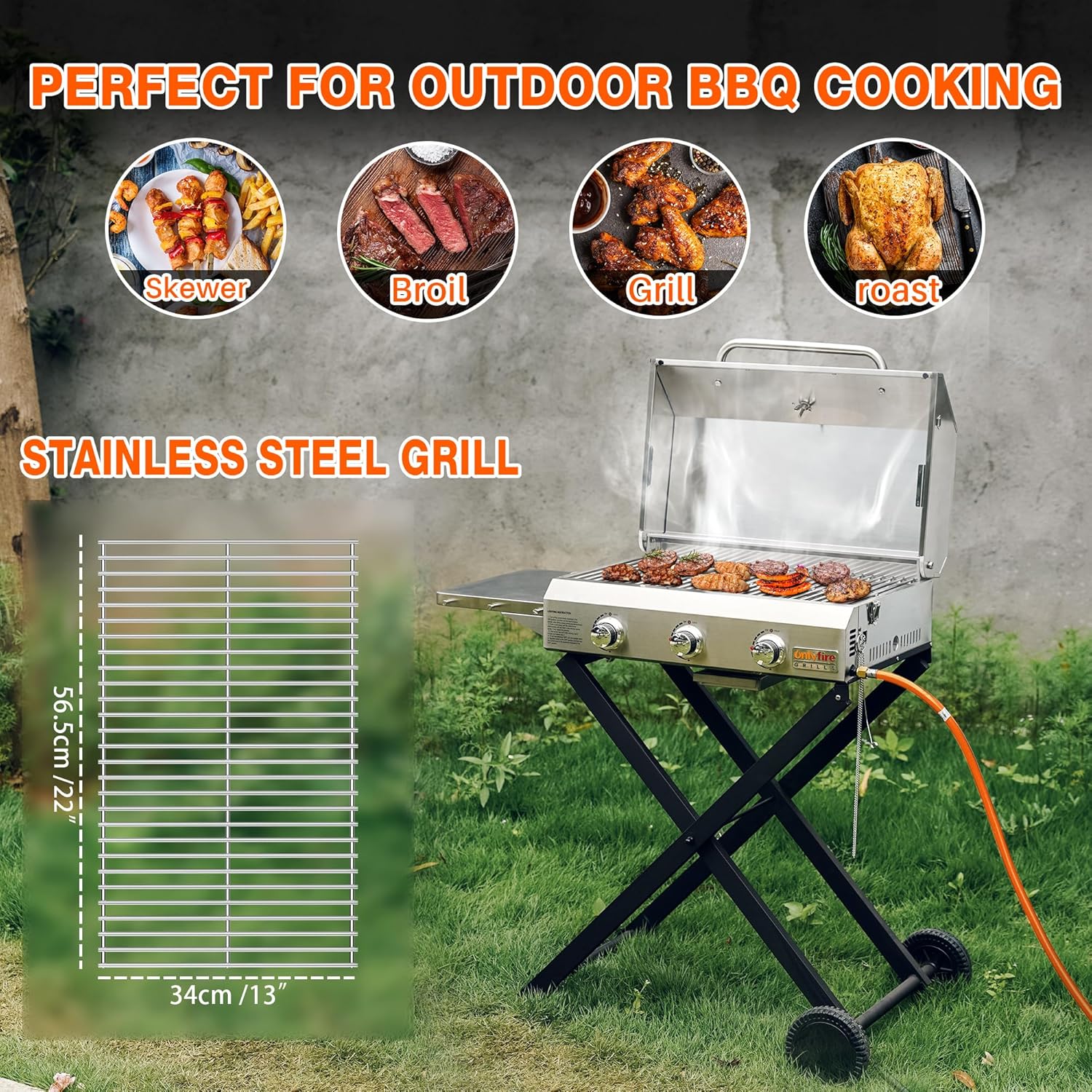 Onlyfire 3 Brenner Gas Grillwagen | BBQ Gasgrill mit Grillrost | 7Kw | Grillfläche 56,5×34cm | mit Seitentischen, Faltbarem Rollwagen, Rollen, Thermometer | für Outdoor Camping Balkon Garten