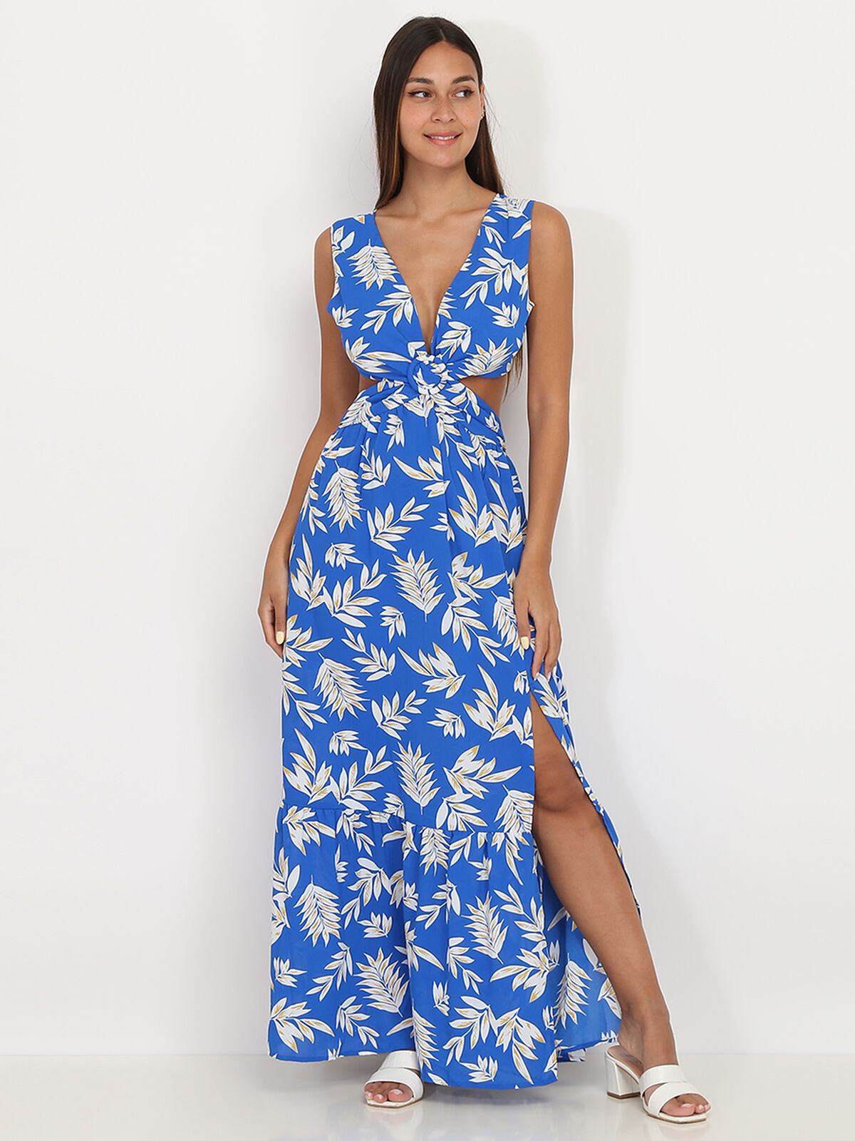 Robe cut out à imprimé feuilles- Bleu