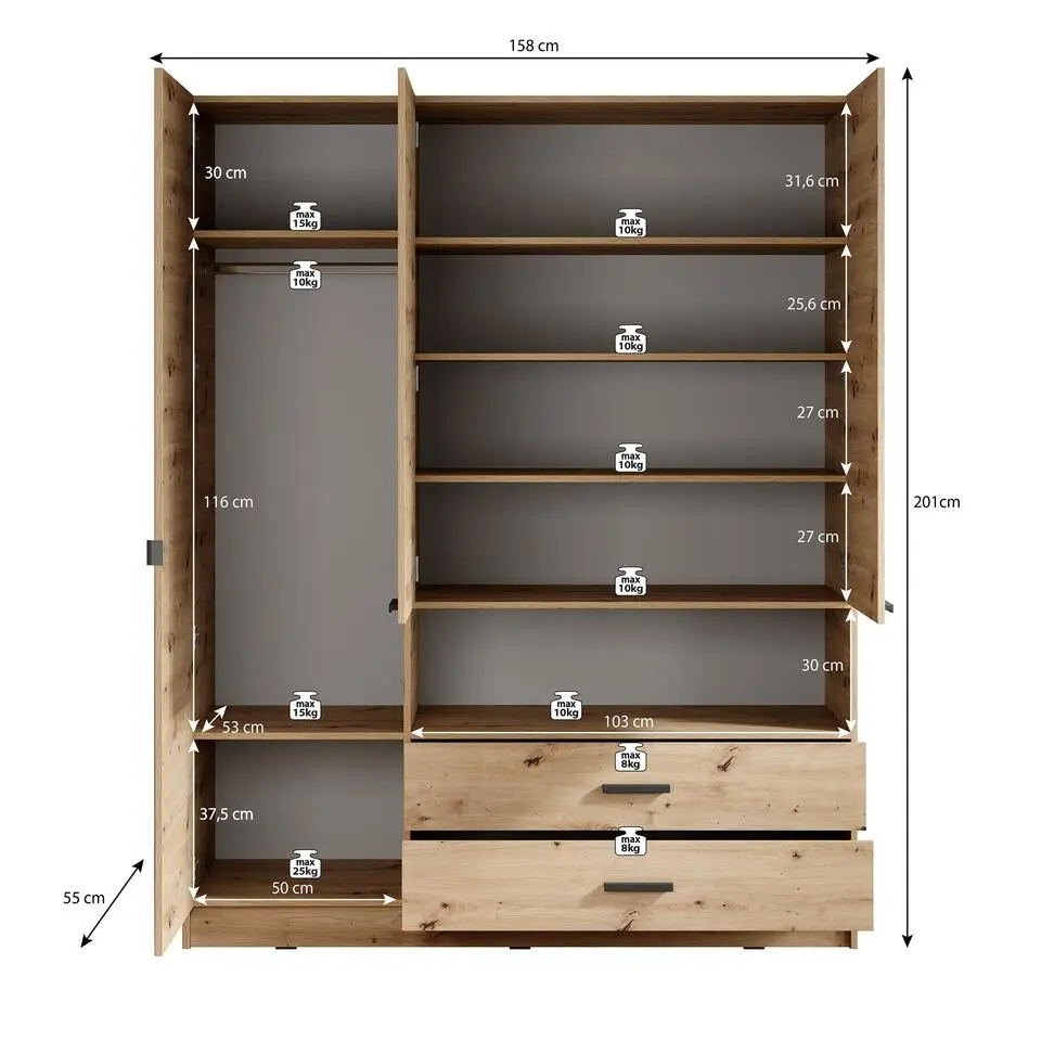 Meubella - Kledingkast Tobin - Eiken - 158 cm - Met spiegel