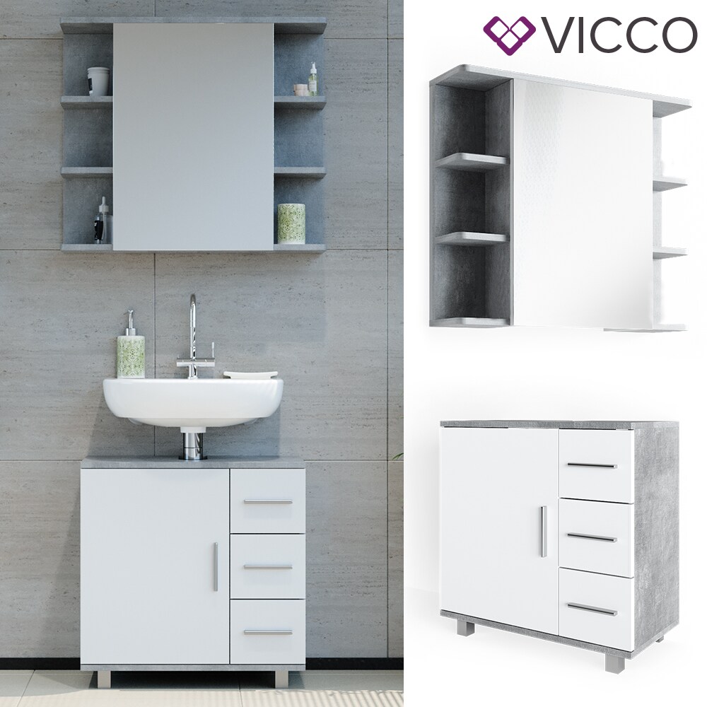 VICCO Badmöbel Set ILIAS Weiß Beton Bad Spiegel Kommode Unterschrank Badschrank