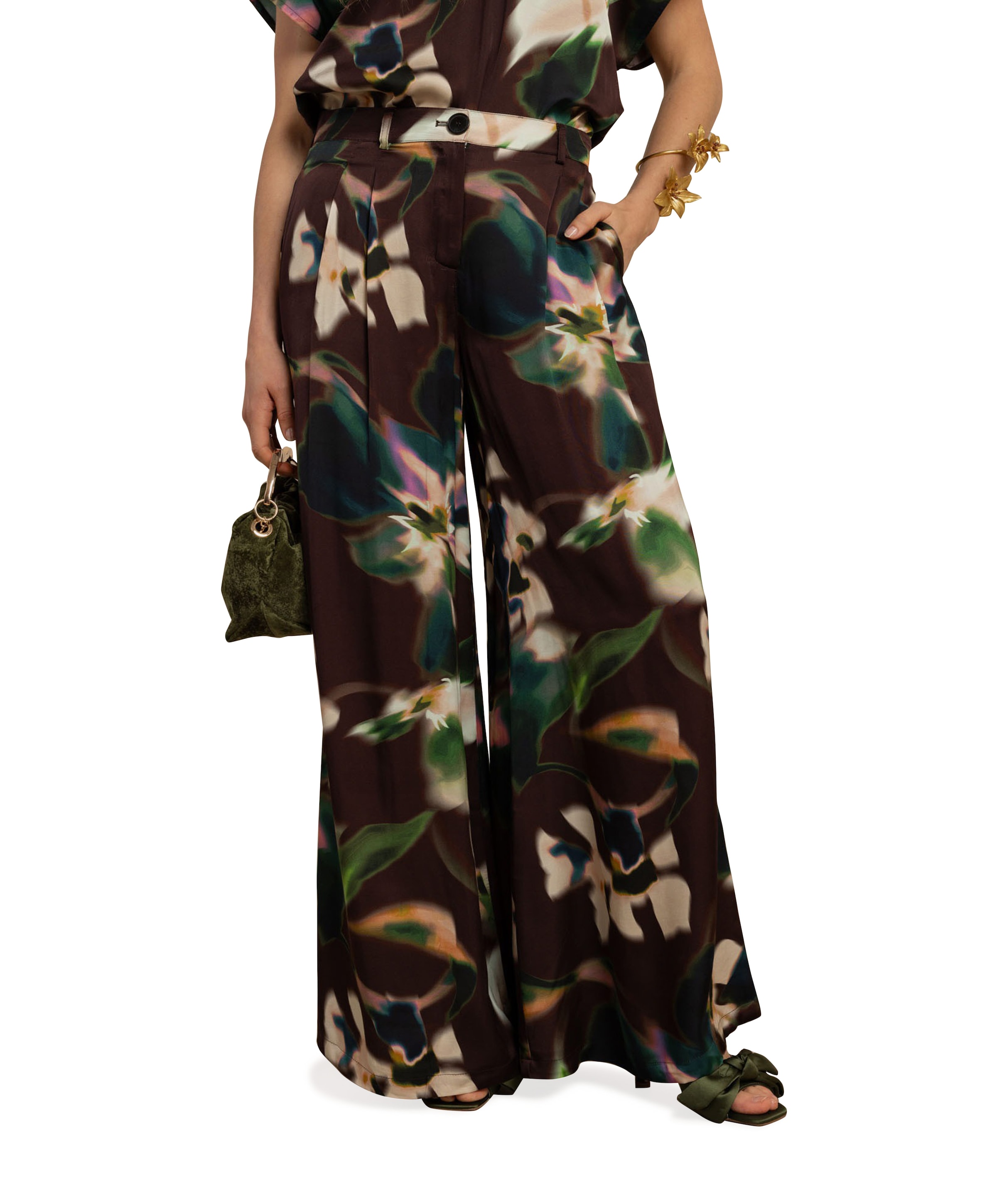 Studio Anneloes Sien satin flower dames broek bruin