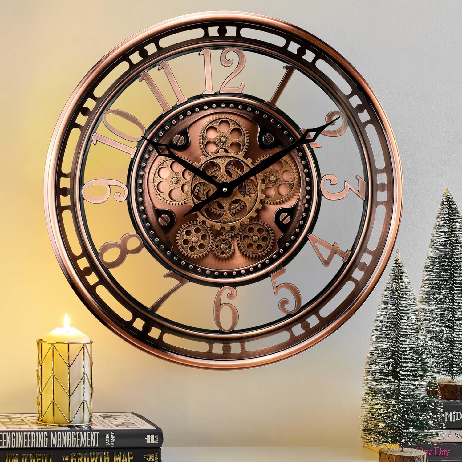 Wanduhr mit echtem Bewegungsgetriebe Zahnrädern, modern, 53,3 cm, industriell Steampunk, groß, Metall,Wanduhr für Wohnzimmer, Dekor, Büro ,Küche, antike Bronze, Kupfer römische oder arabische Ziffern