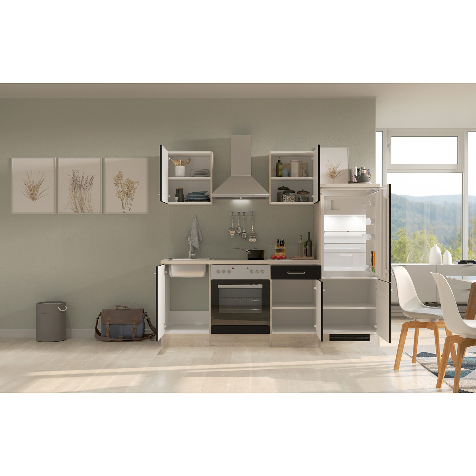 Küchenblock RISENTO - anthrazit miniperl - San Remo Eiche - 220 cm - mit E-Geräten