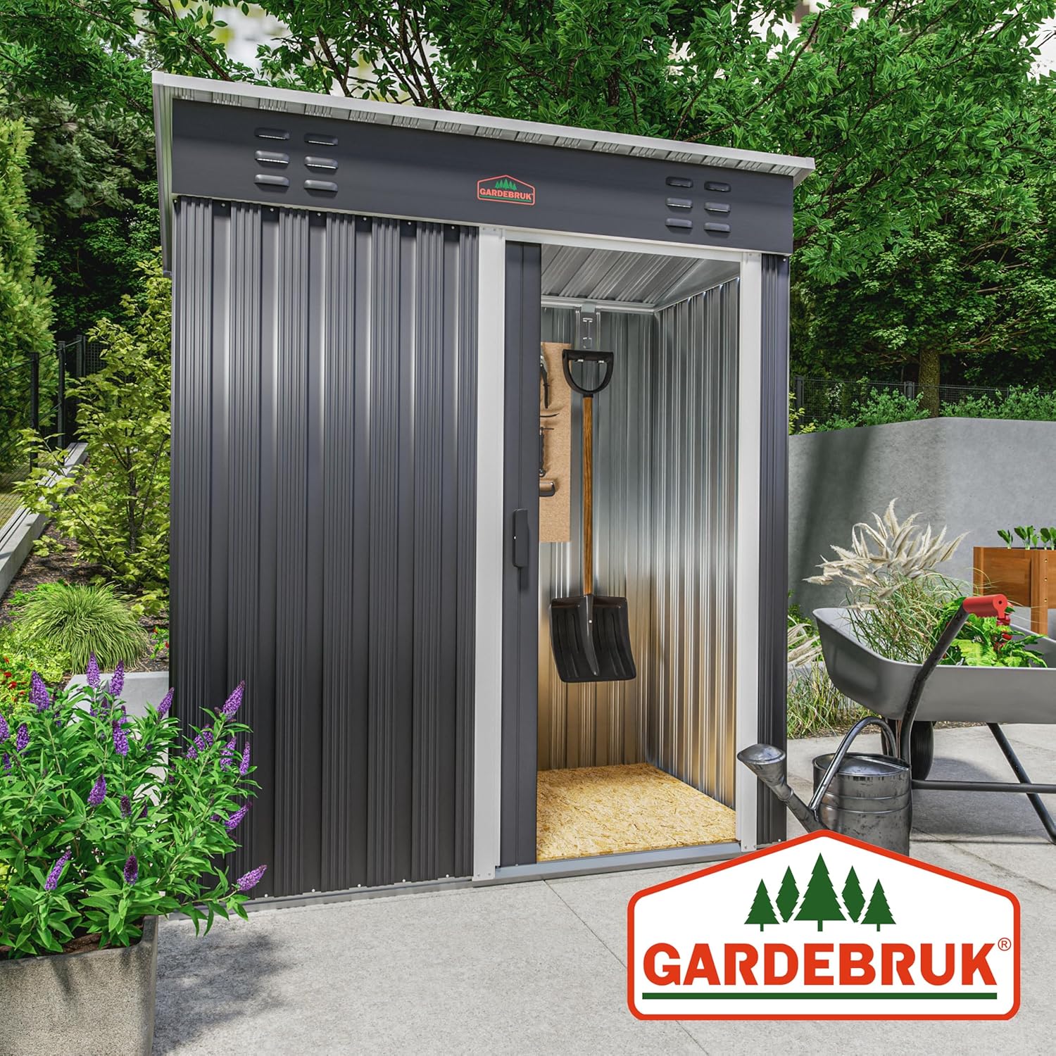 GARDEBRUK® Geräteschuppen 185x165x90cm 1,5m² Schiebetür 20kg Halter Handschuhe Belüftung rostfreies Metall Pultdach Anthrazit Gerätehaus Gartenhaus