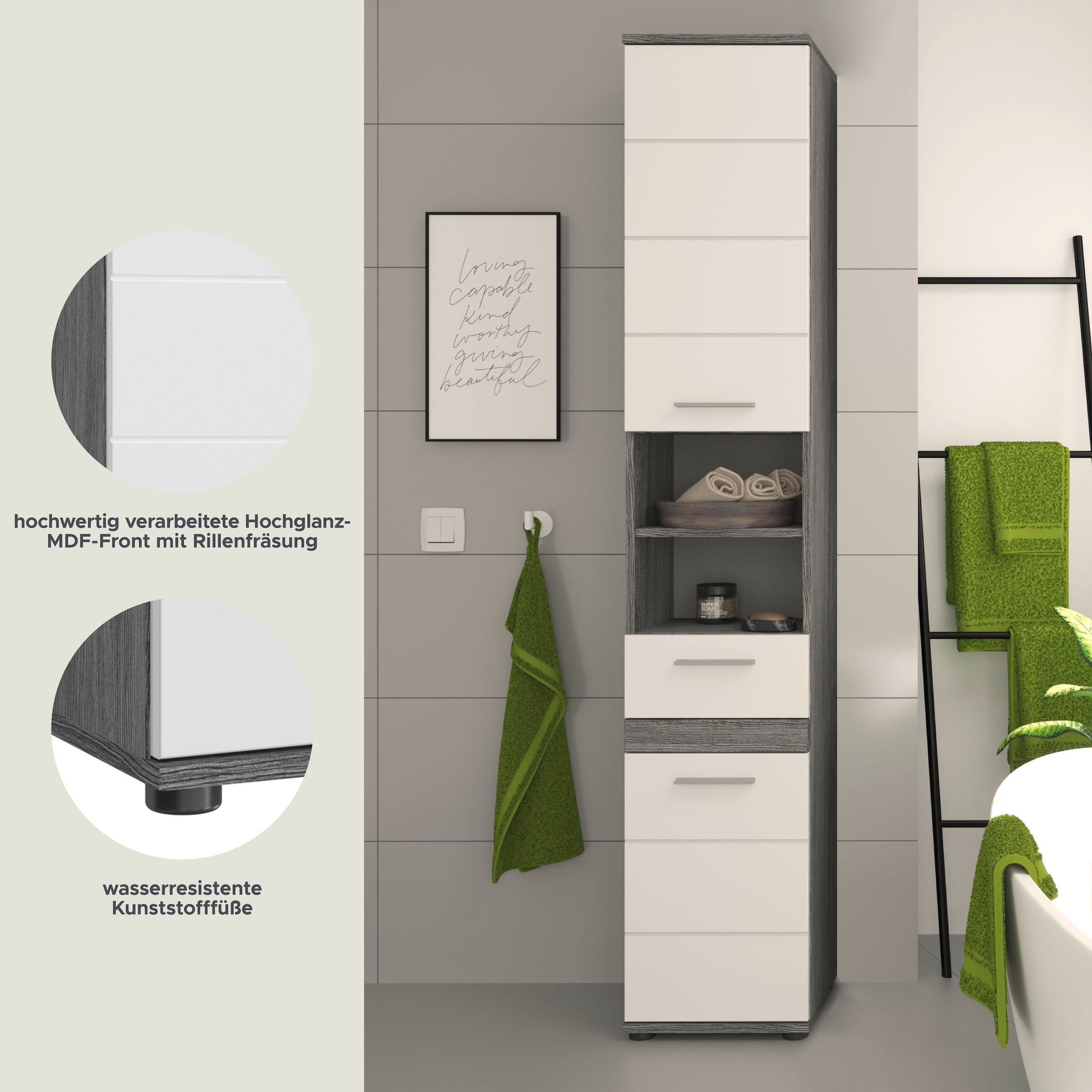 welltime Hochschrank »LUCCA, TOPSELLER!, Breite 35cm, 2 Türen, 1 Schubkasten, 2 Fächer« MDF-Front, Türanschlag wechselbar, Badmöbel, Badschrank, Badezimmer