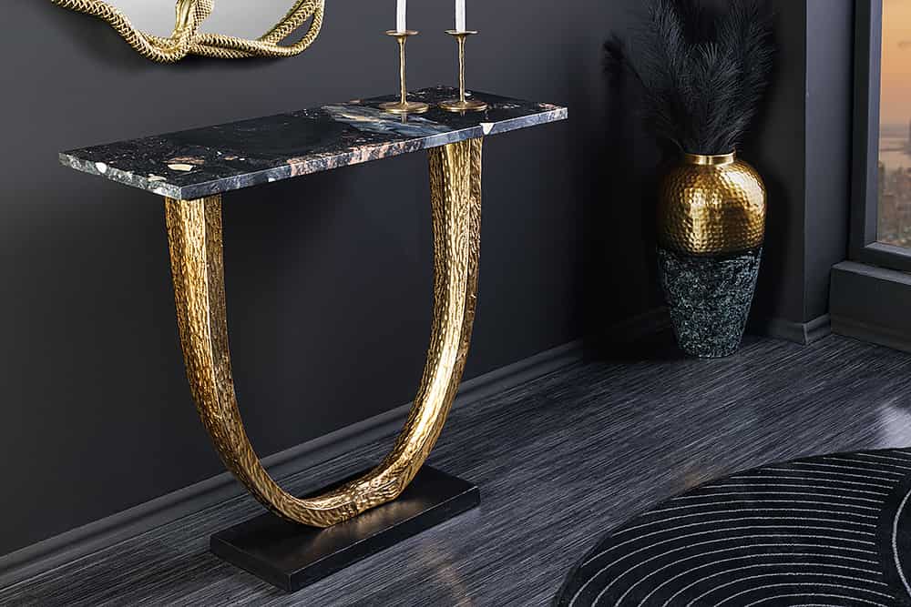 Handgefertigter Konsolentisch OMEGA 80cm schwarz Marmor gold Metall