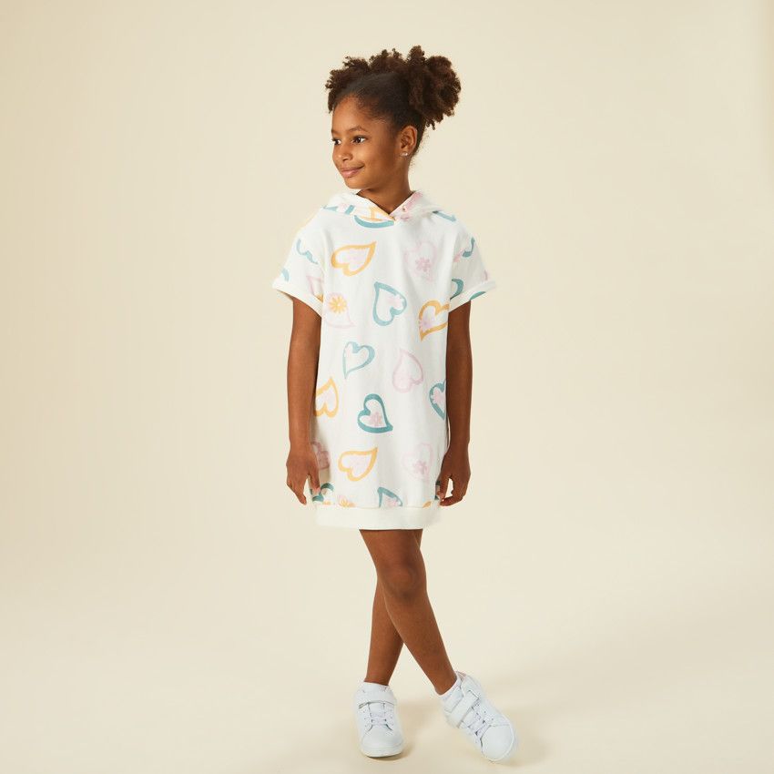 Robe sweat manches courtes imprimé cœurs pour fille - Ecru