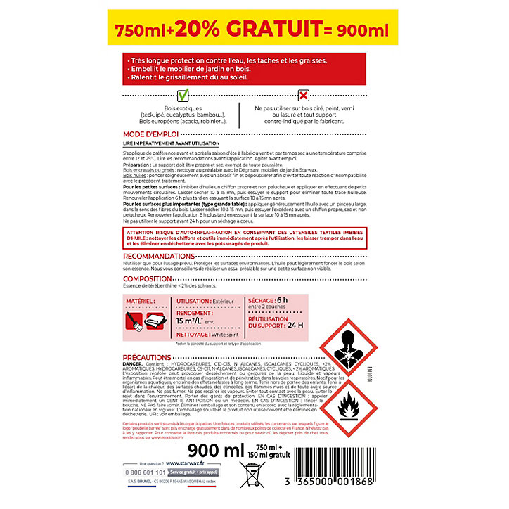 Huile extérieure teck très longue protection 750ml + 20 %