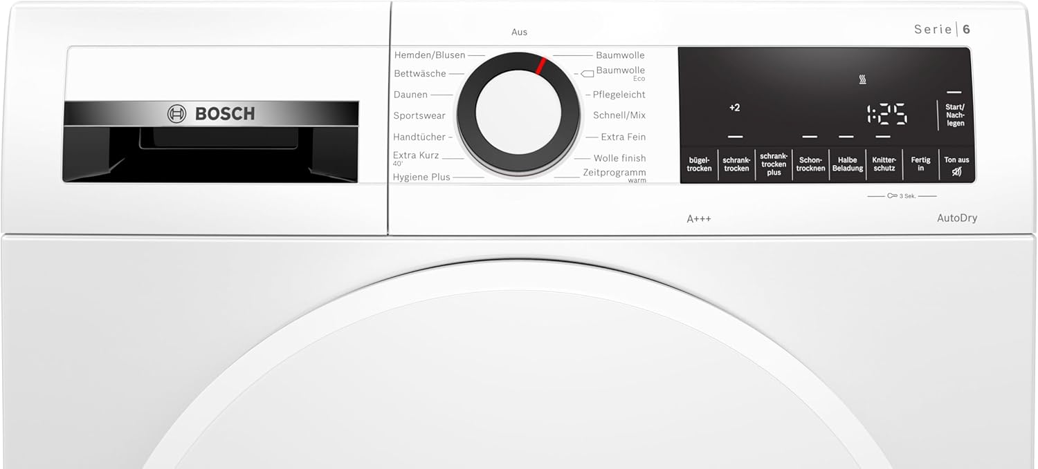 Bosch Wärmepumpentrockner für 8 kg Wäsche, Serie 6, 97 kWh pro Jahr, Auto Dry, Anti Vibration-Design, Sensitive Drying-System, Umweltfreundliches Kühlmittel, Weiß, WQG233D20