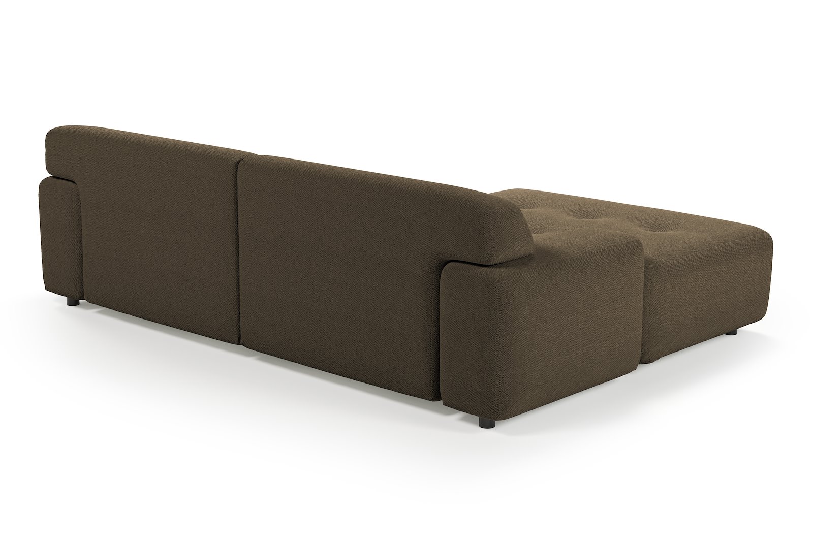 Bob sofa 1,5-seter med sjeselong høyre. Tekstil Mito 176 Dark Brown med sorte ben.