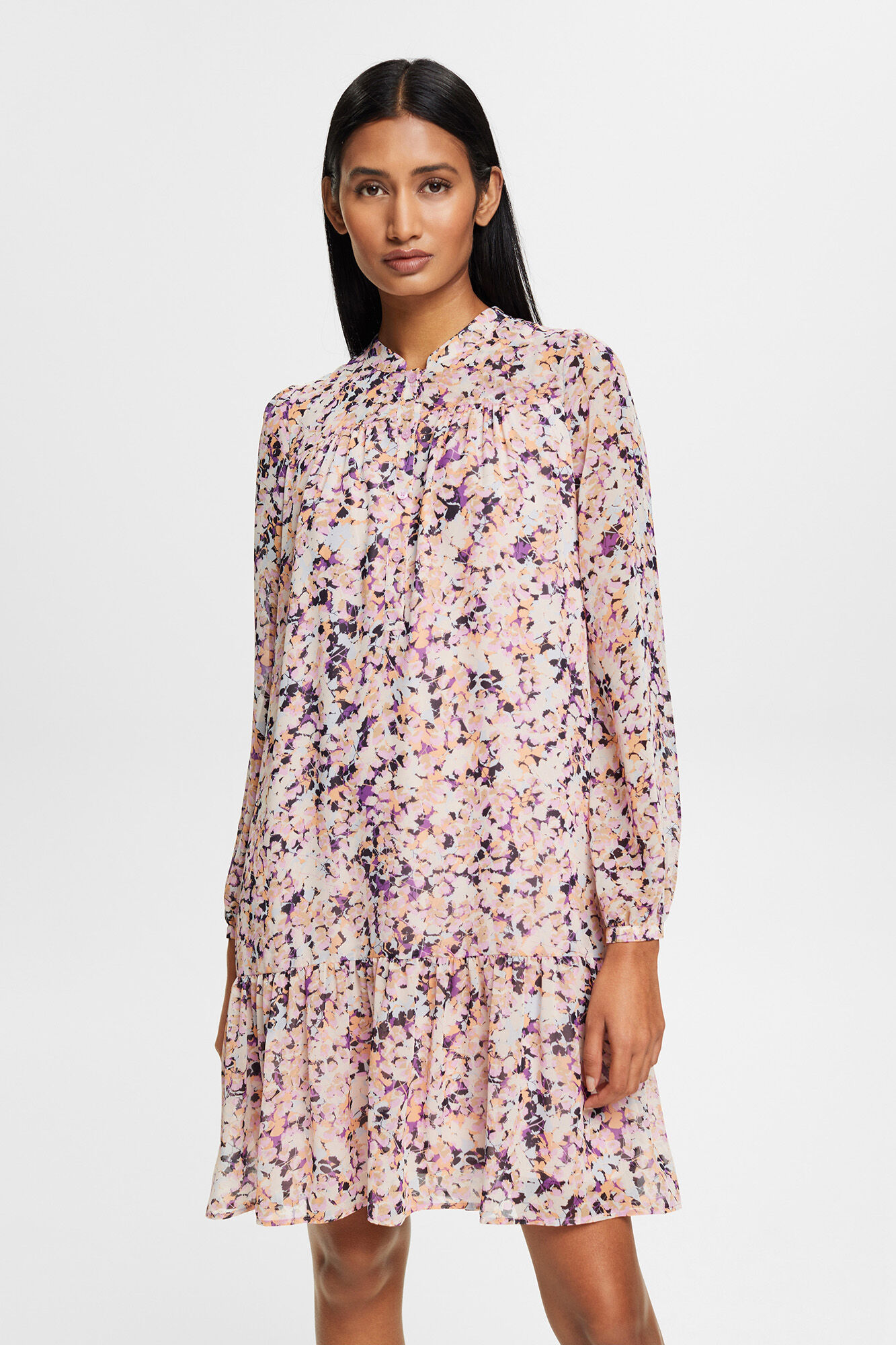 Vestido midi com estampa floral e babados - Multicolorido