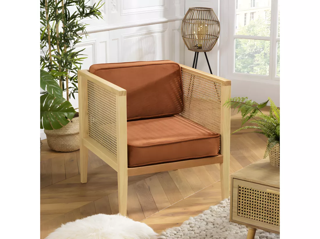 ALBANE - Fauteuil cannage assise amovible velours orange