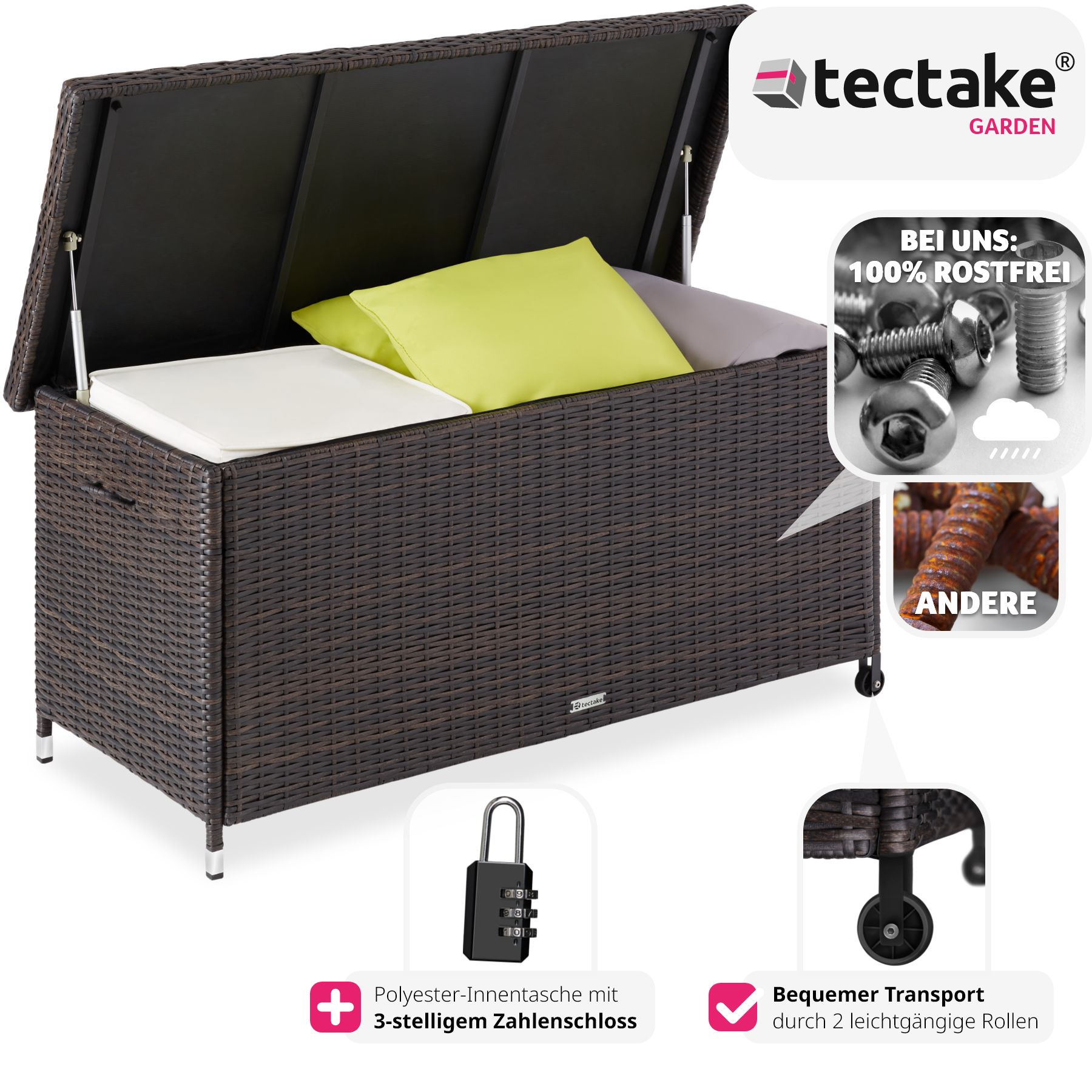 tectake® Auflagenbox, mit Rattangeflecht, komfortable Hubautomatik, 121 x 56 x 60 cm