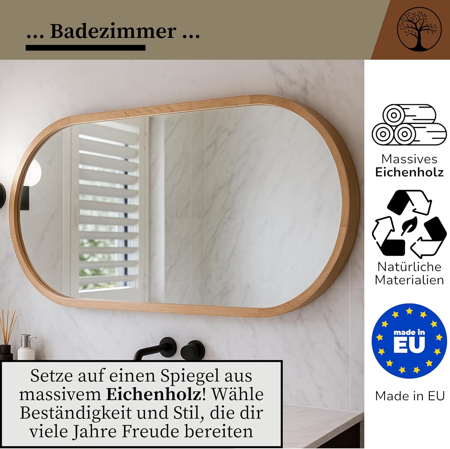 Wandspiegel mit Holzrahmen (120x48 cm) - Oval Spiegel mit Holz Eiche - Ovaler Bad Spiegel für Badezimmer, Flur, Wohnzimmer, Schlafzimmer - Stilvoller Eichenholz Badespiegel LEJA