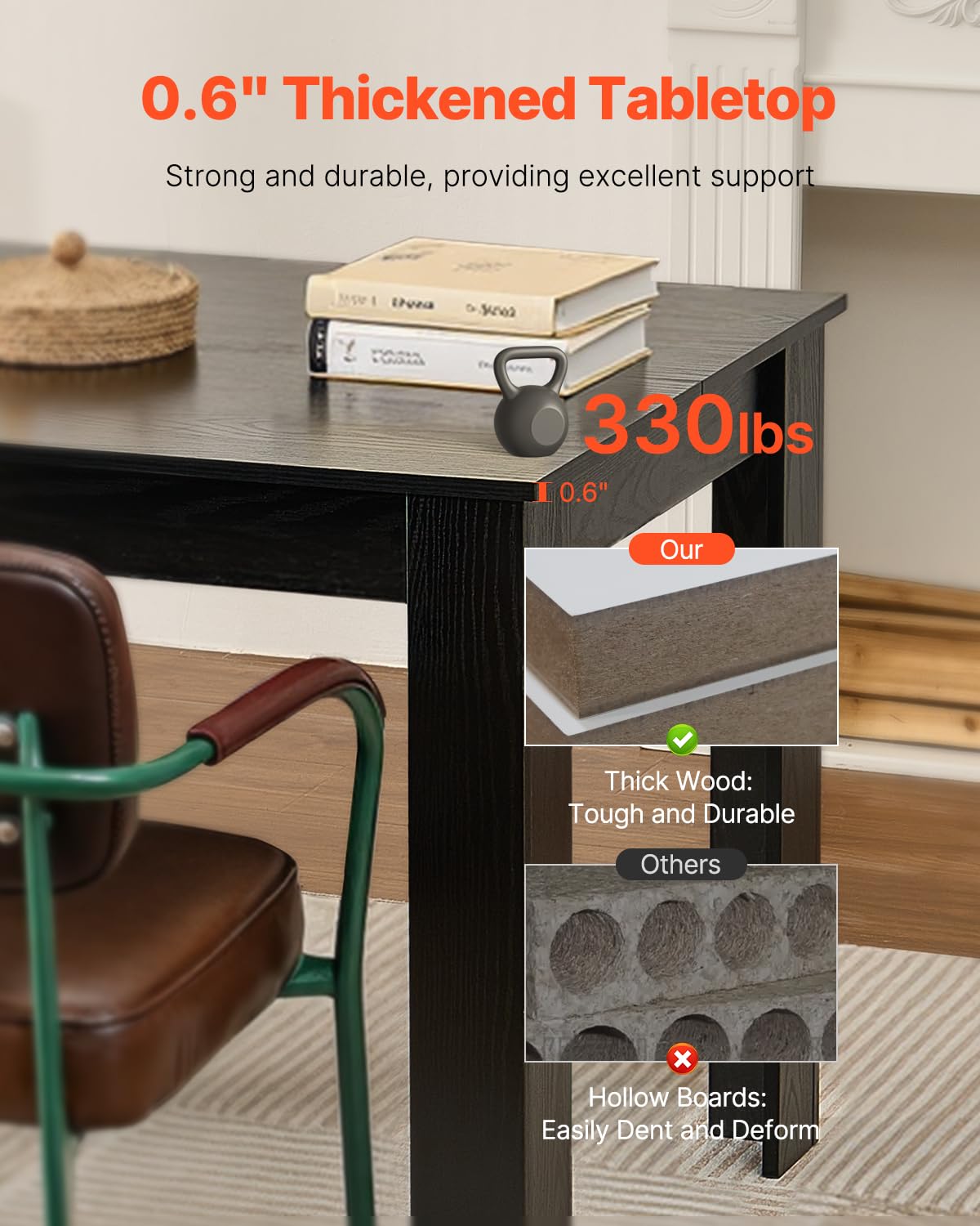 VEVOR Rechteckiger Esstisch Küchentisch Holztisch (160 cm / 150 kg belastbar) für 4–6 Personen, Bauernhaus-Esszimmermöbel Konferenztisch für Küche zu Hause Wohnzimmer, braun (nur Tisch)